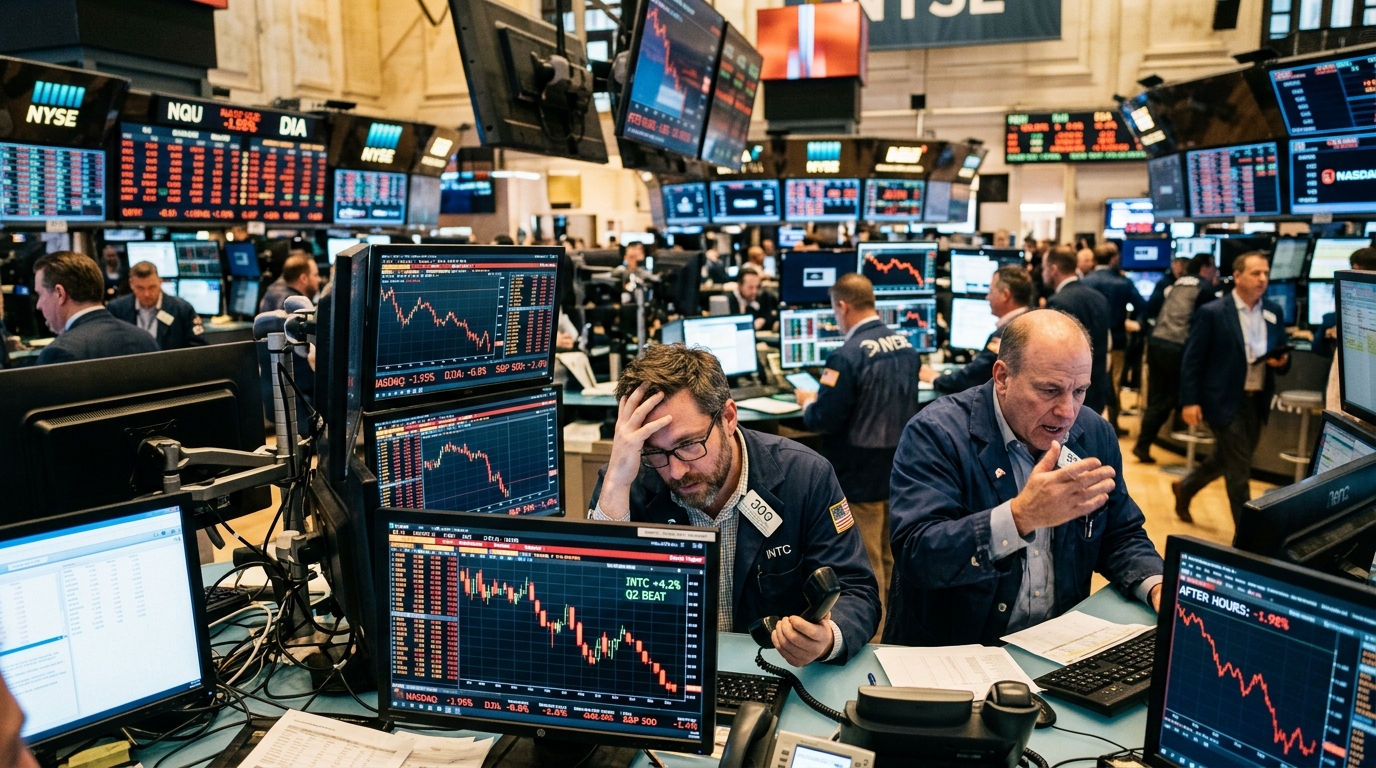 Stock market chart showing Intel logo and geopolitical news headlines.