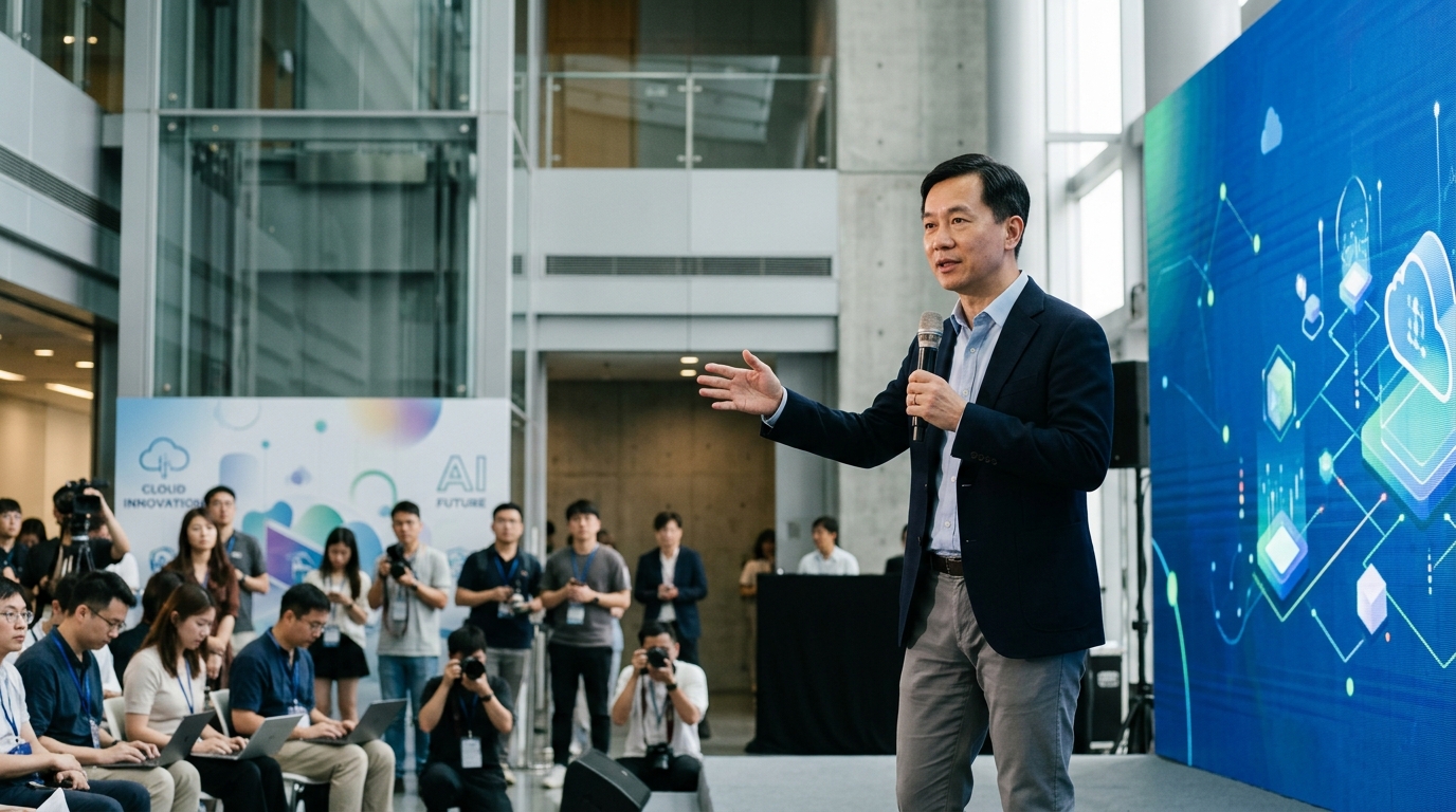 Alibaba Cloud logo displayed on a digital screen representing AI data processing.