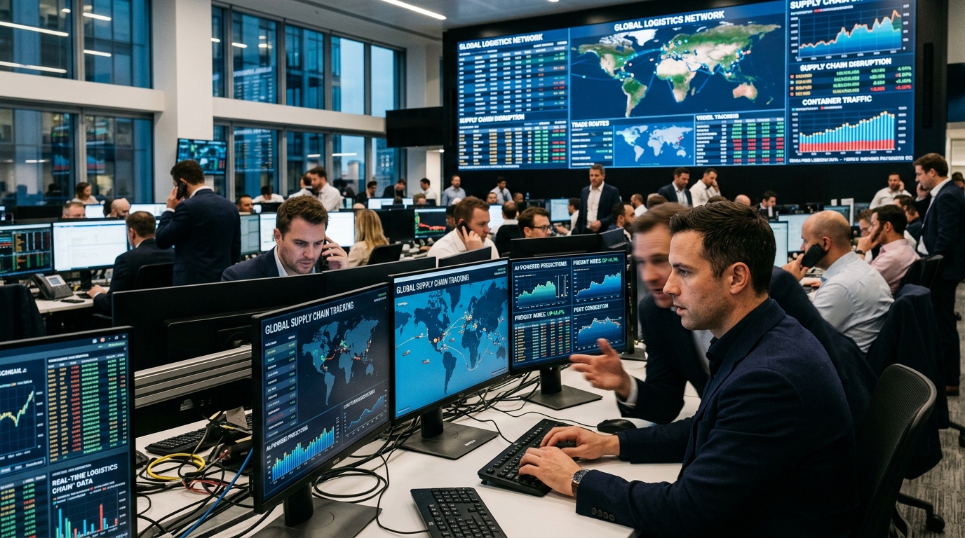 Digital representation of AI-driven global supply chain logistics.