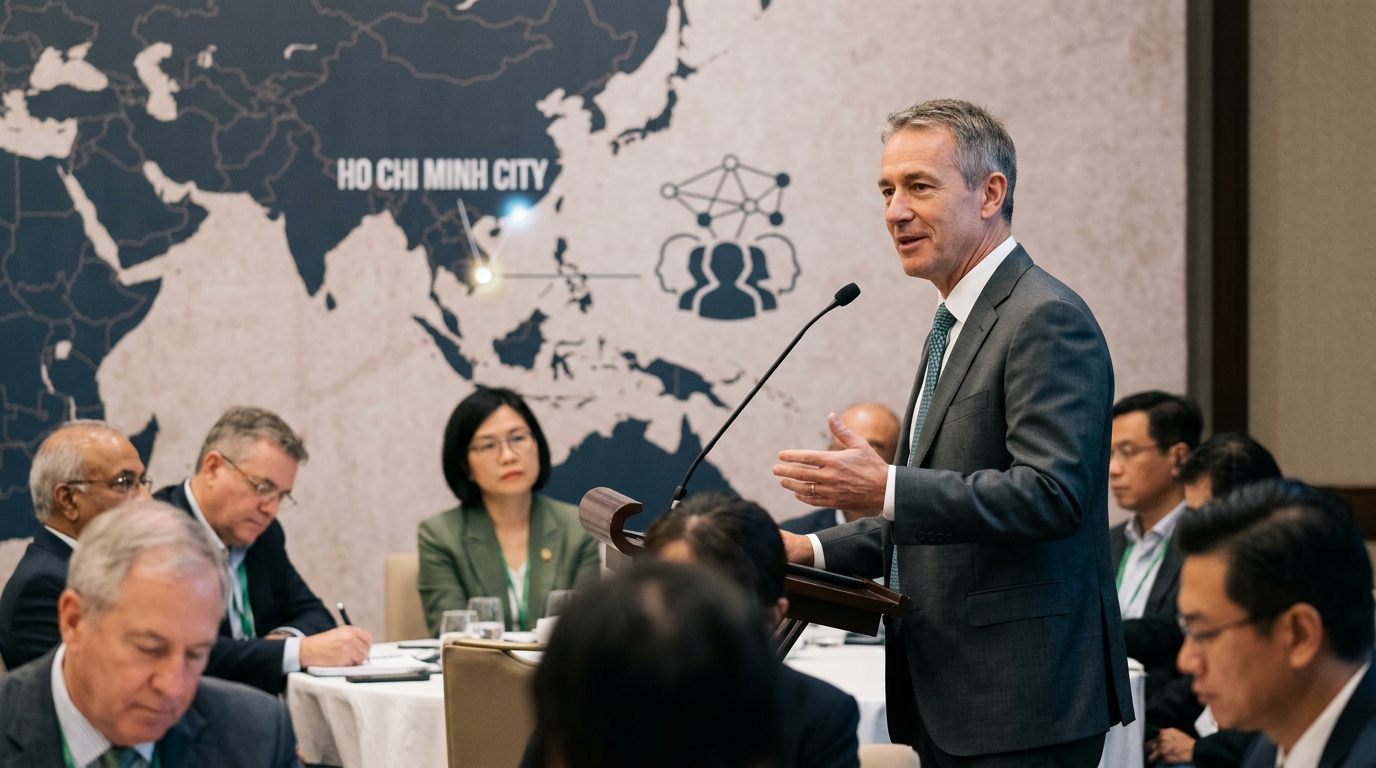 Digital skyline of Ho Chi Minh City representing AI training initiatives.