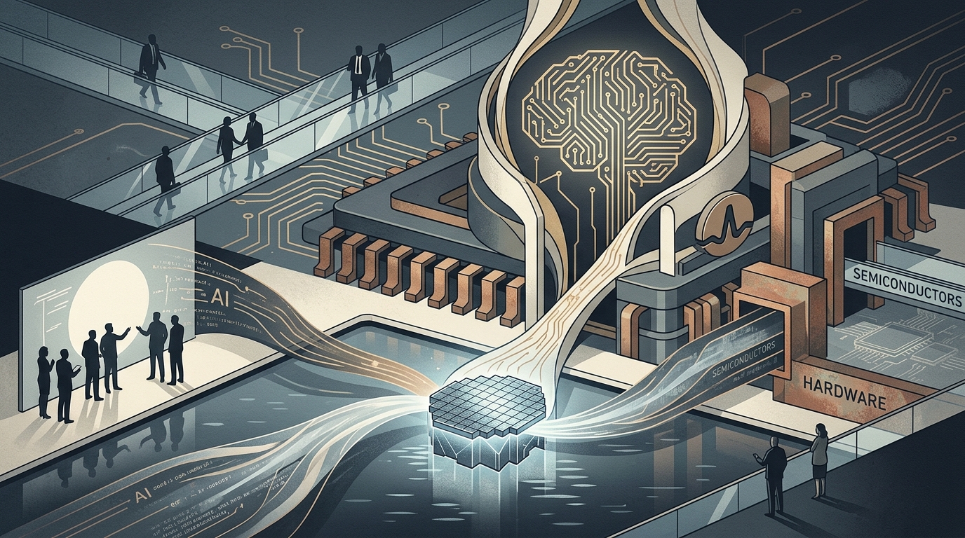 Λογότυπα OpenAI και Broadcom σε φόντο με κυκλώματα ημιαγωγών AI.