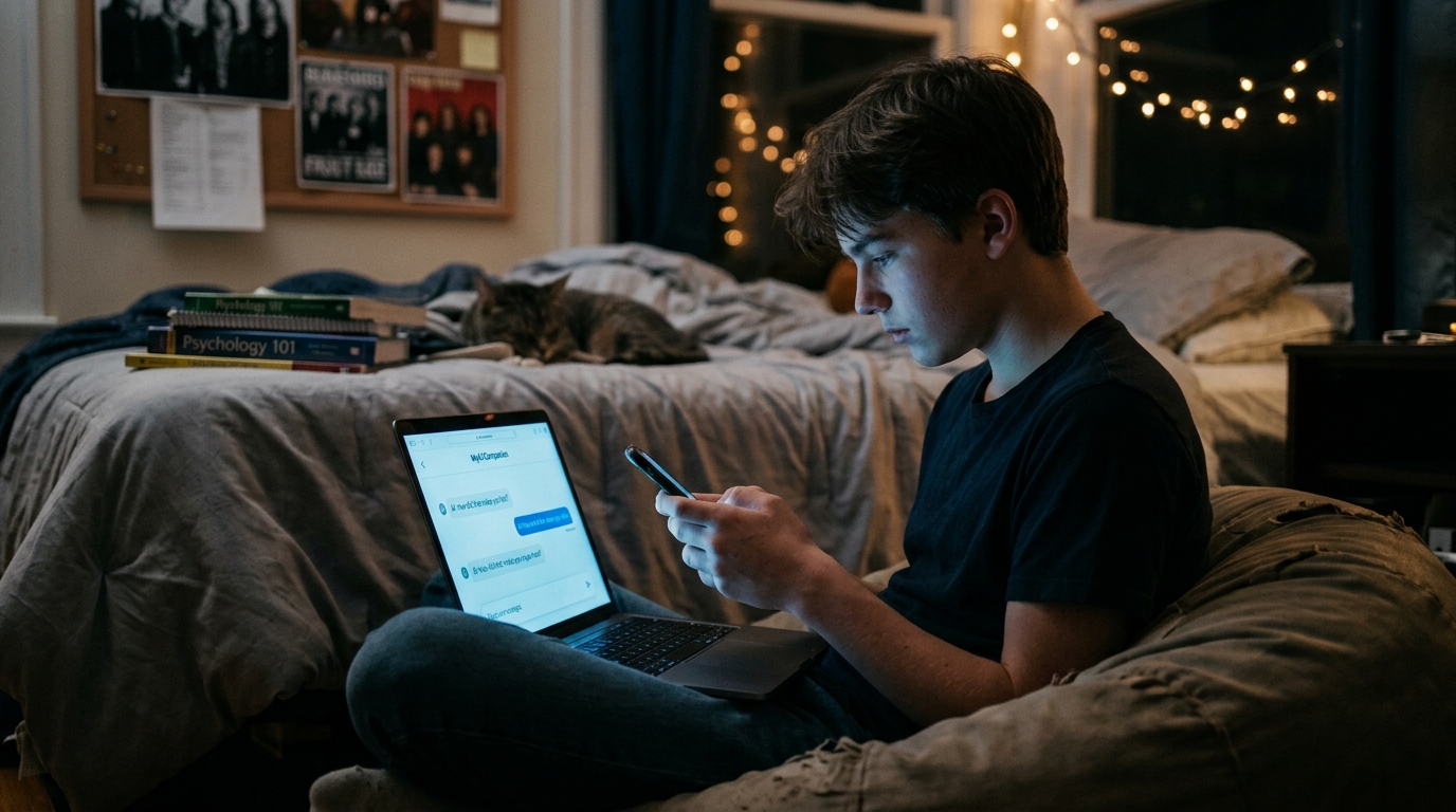 A teenager using an AI chatbot on a smartphone for mental health support and advice.