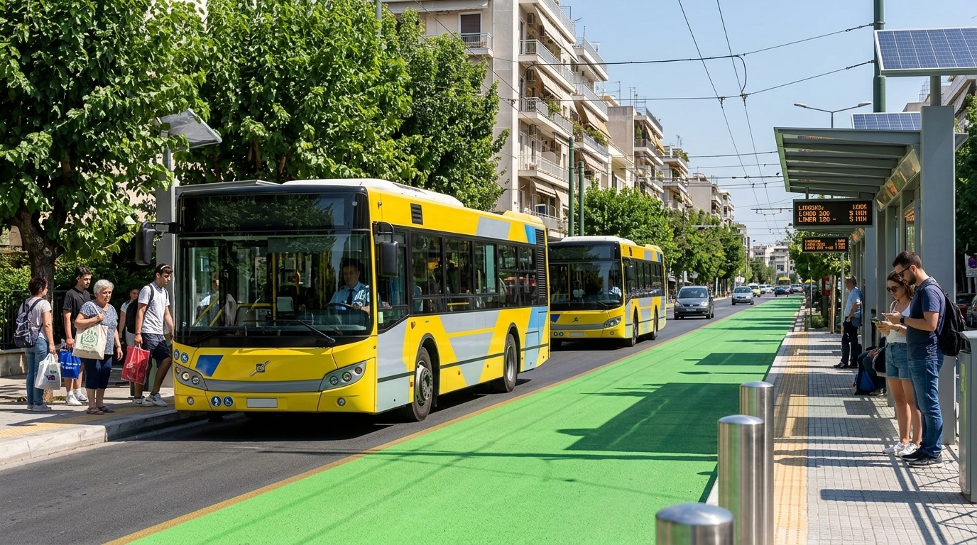 Σύγχρονο ηλεκτρικό λεωφορείο στους δρόμους της Αθήνας για τις αστικές συγκοινωνίες.