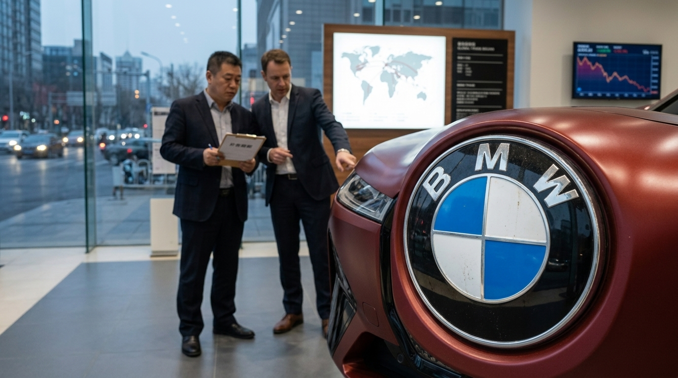 BMW logo with financial charts in the background representing company profitability and market trends.