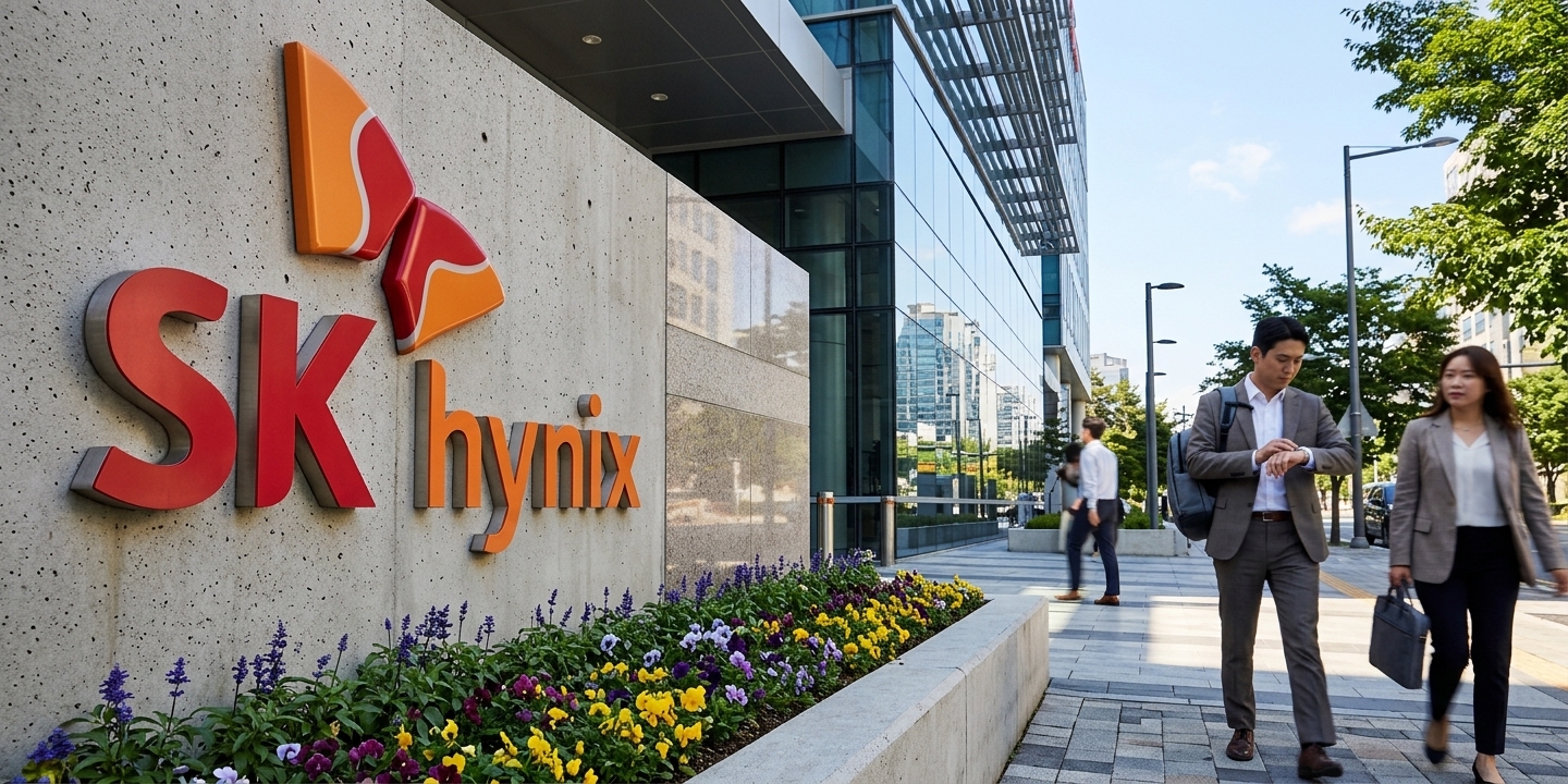 Το λογότυπο της SK Hynix έξω από το χρηματιστήριο Nasdaq για την αγορά AI.