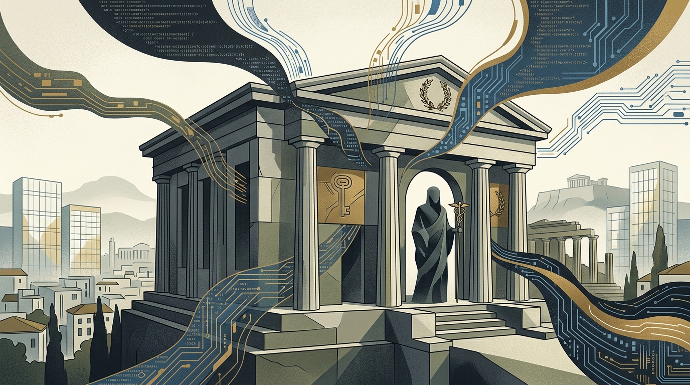 Digital representation of a deepfake scam targeting the Bank of Greece.