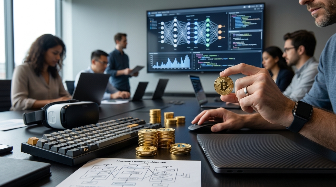 Το λογότυπο της Coinbase σε ψηφιακό φόντο που συμβολίζει την τεχνητή νοημοσύνη.