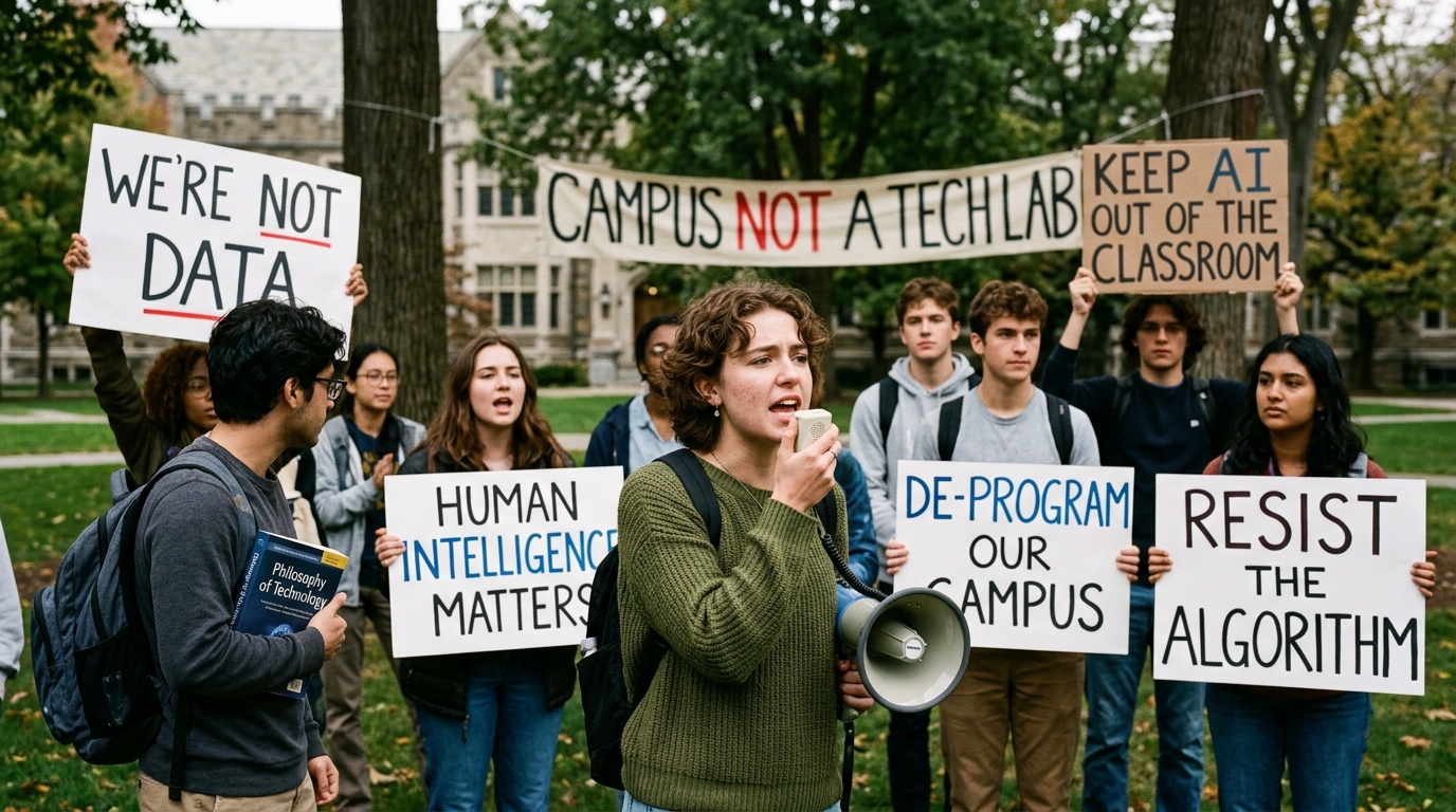 Students in a lecture hall protesting against AI in education and automation.