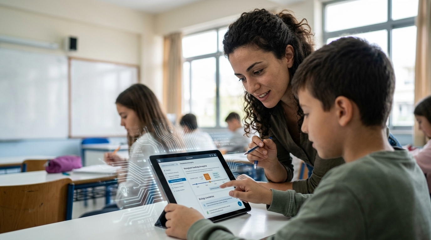 Students in a Greek classroom using AI education tools on laptops for digital learning.