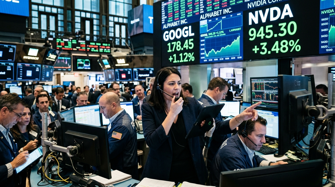 Διάγραμμα επενδύσεων της Alphabet στην AI και το λογότυπο της Nvidia.