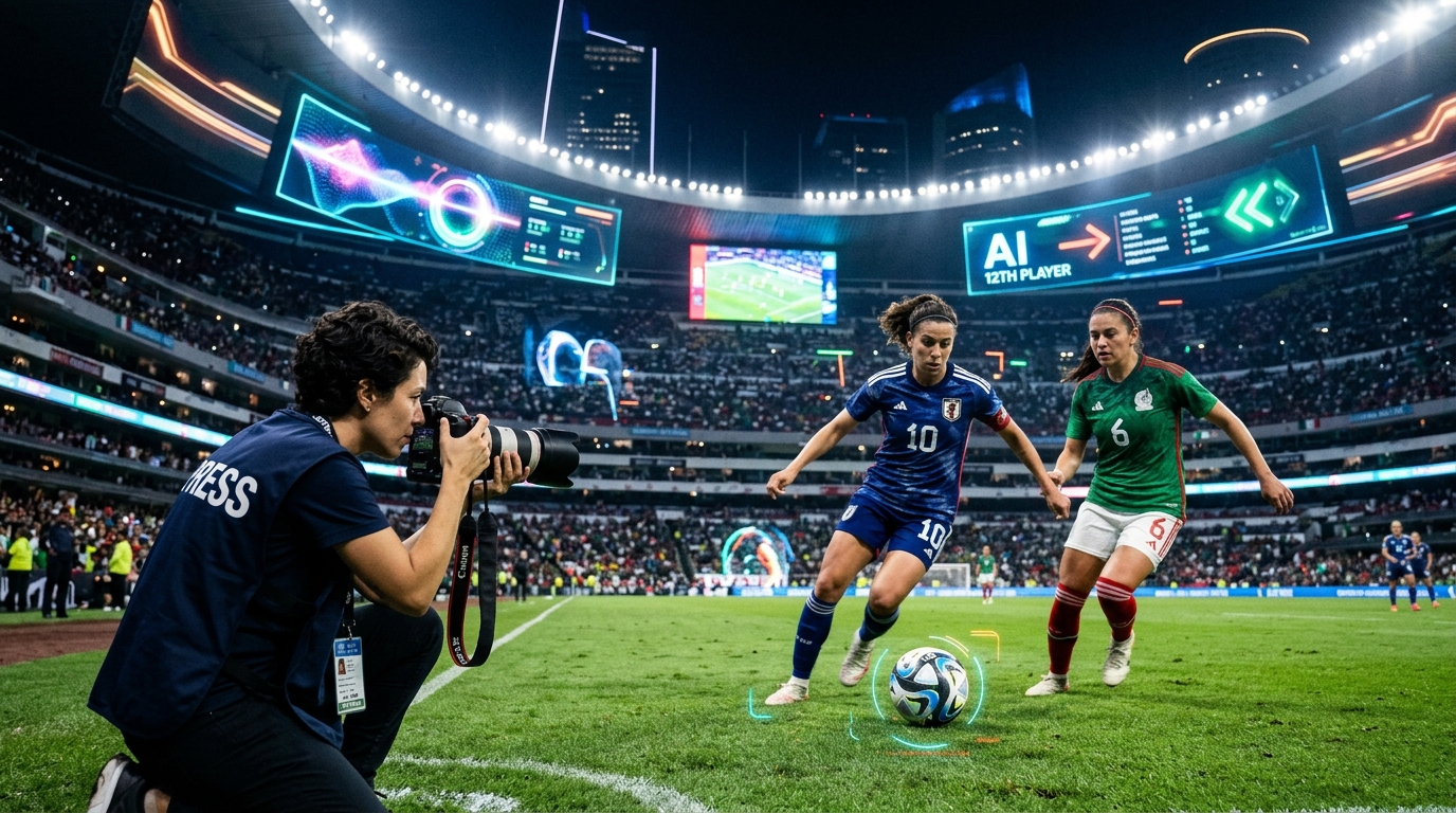 Digital visualization of World Cup 2026 stadium with AI data overlays.