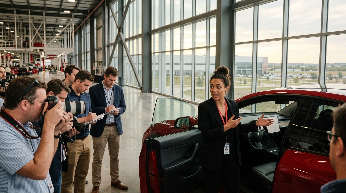 Λευκό Tesla Model Y σε δρόμο, αναπαριστώντας τις νέες τιμές της Tesla.