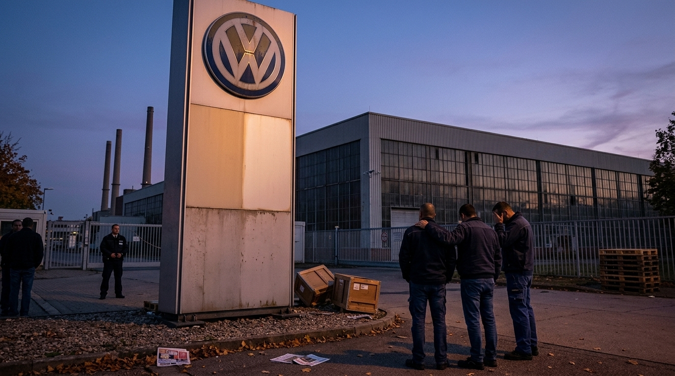 Το λογότυπο της Volkswagen μπροστά από ένα κλειστό εργοστάσιο στη Γερμανία.
