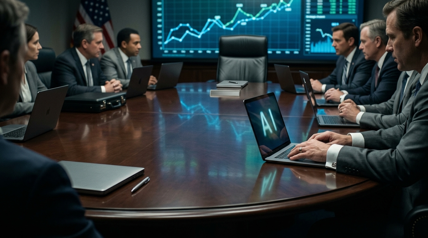 The Pentagon building overlaid with digital artificial intelligence and data streams.