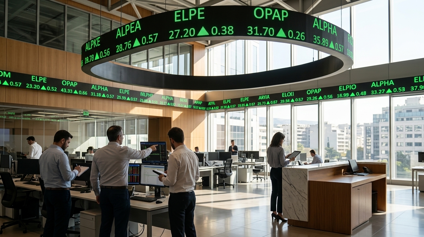 The Athens Stock Exchange building with rising stock market charts for 2026.