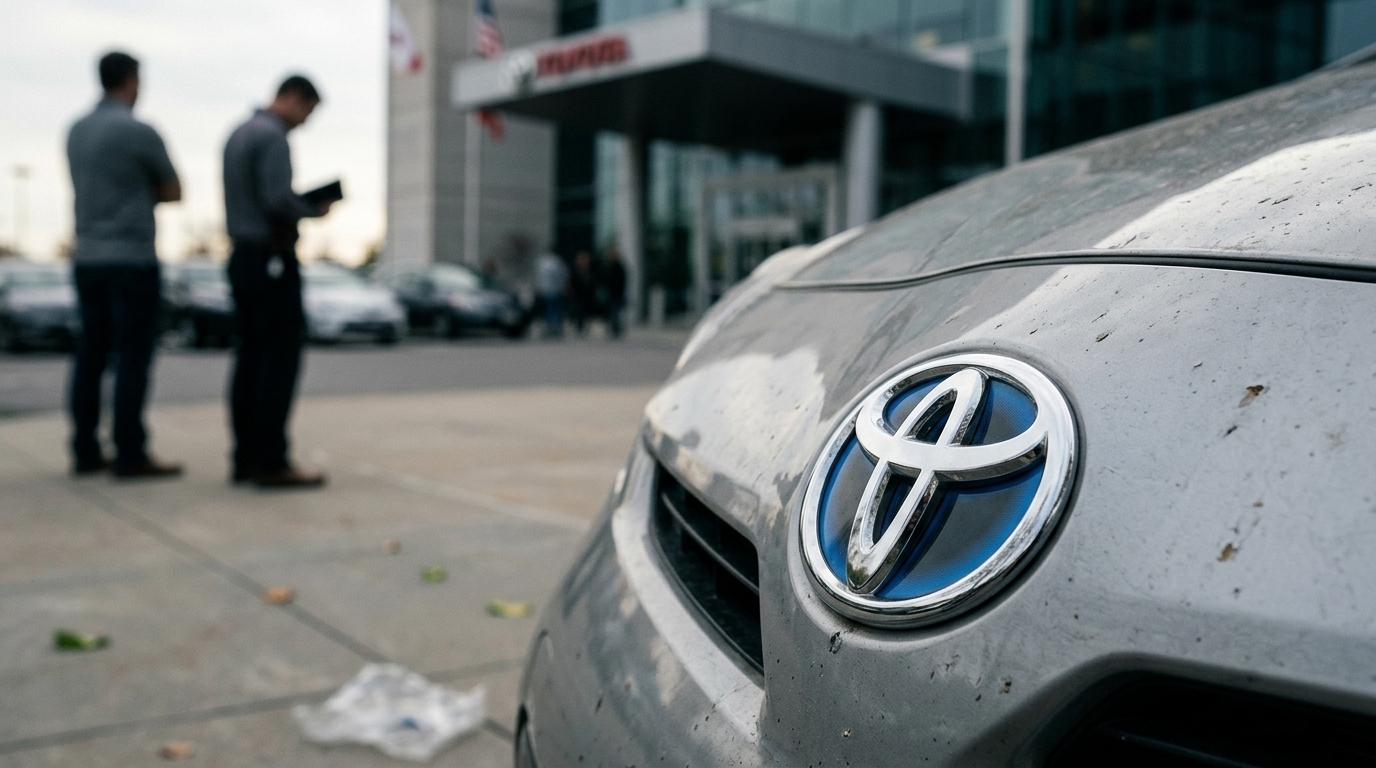 Λογότυπο της Toyota σε κτίριο με φόντο ηλεκτρικά αυτοκίνητα και διαγράμματα κερδών.