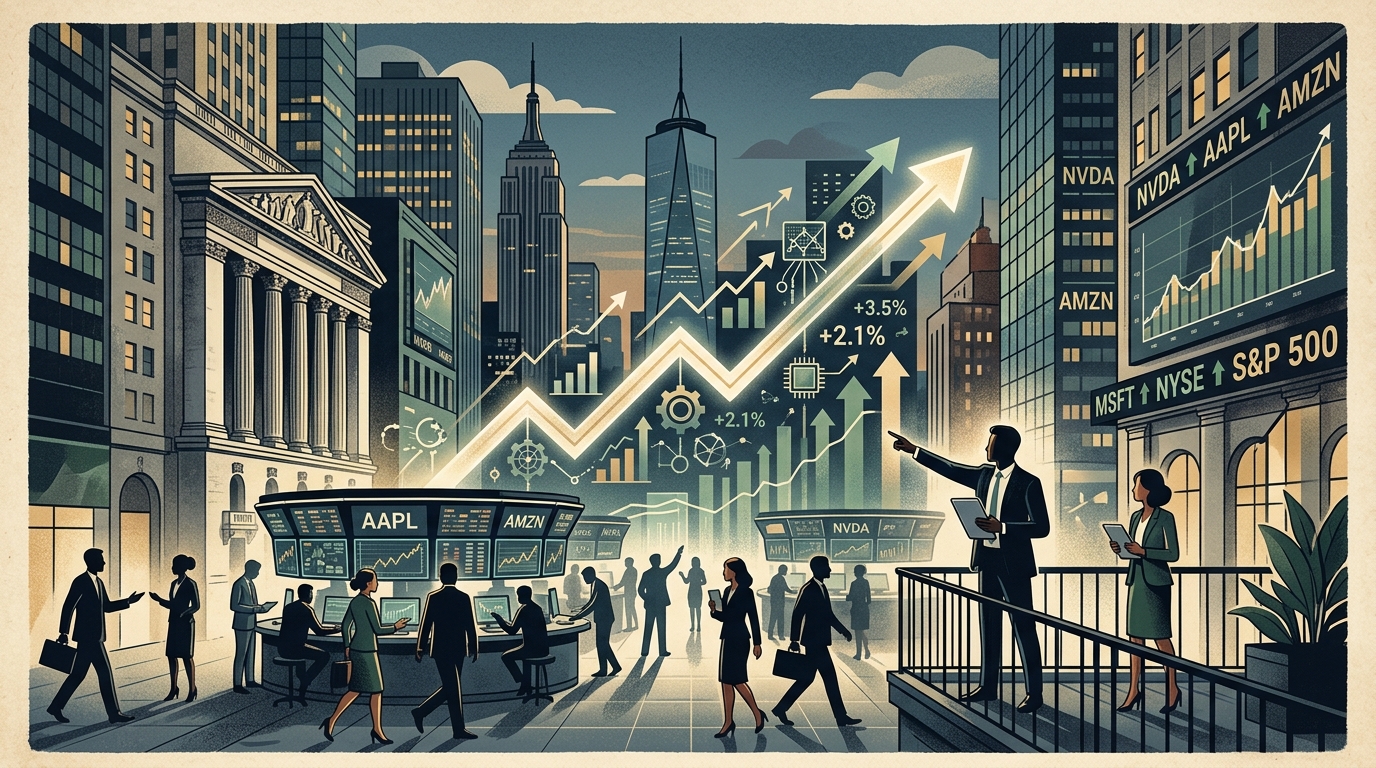Το χρηματιστήριο της Wall Street με γραφήματα ανόδου των τεχνολογικών μετοχών και της AI.
