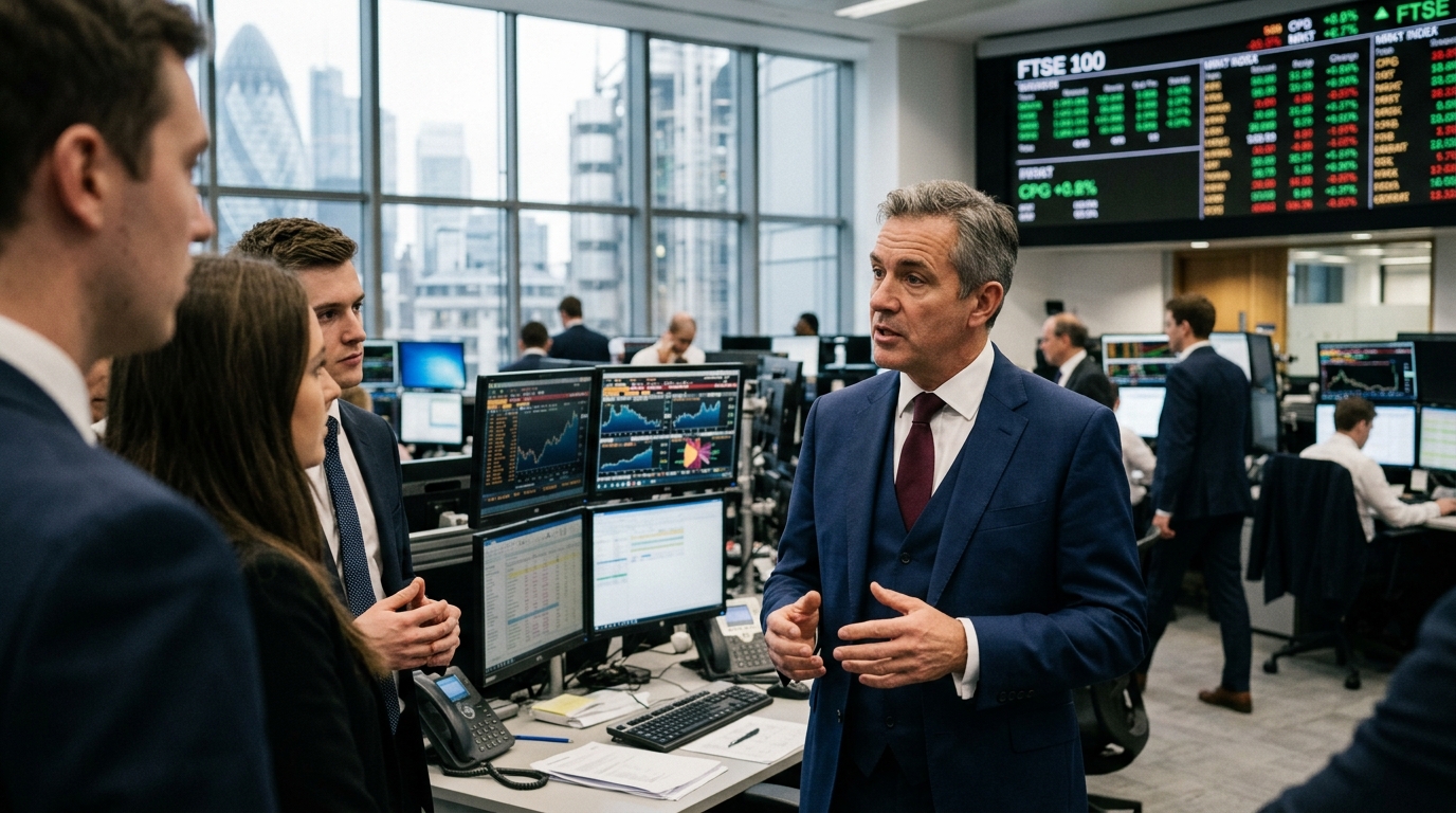Business executives analyzing AI data for consumer packaged goods strategy.