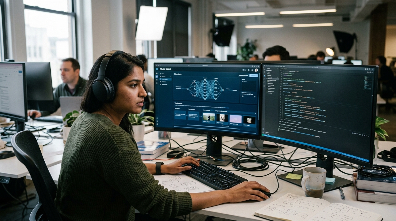 Meta Muse Spark logo displayed in a futuristic digital AI creative environment.