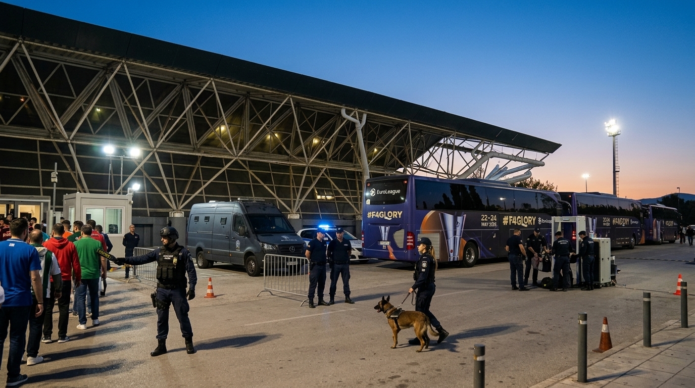 Security measures and drones at OAKA for Final Four 2026.