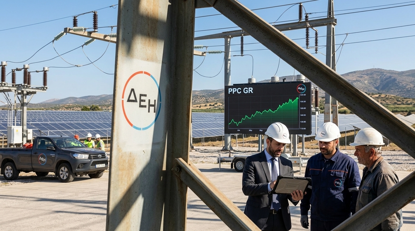 Το λογότυπο της ΔΕΗ στο Χρηματιστήριο Αθηνών για την ΑΜΚ.