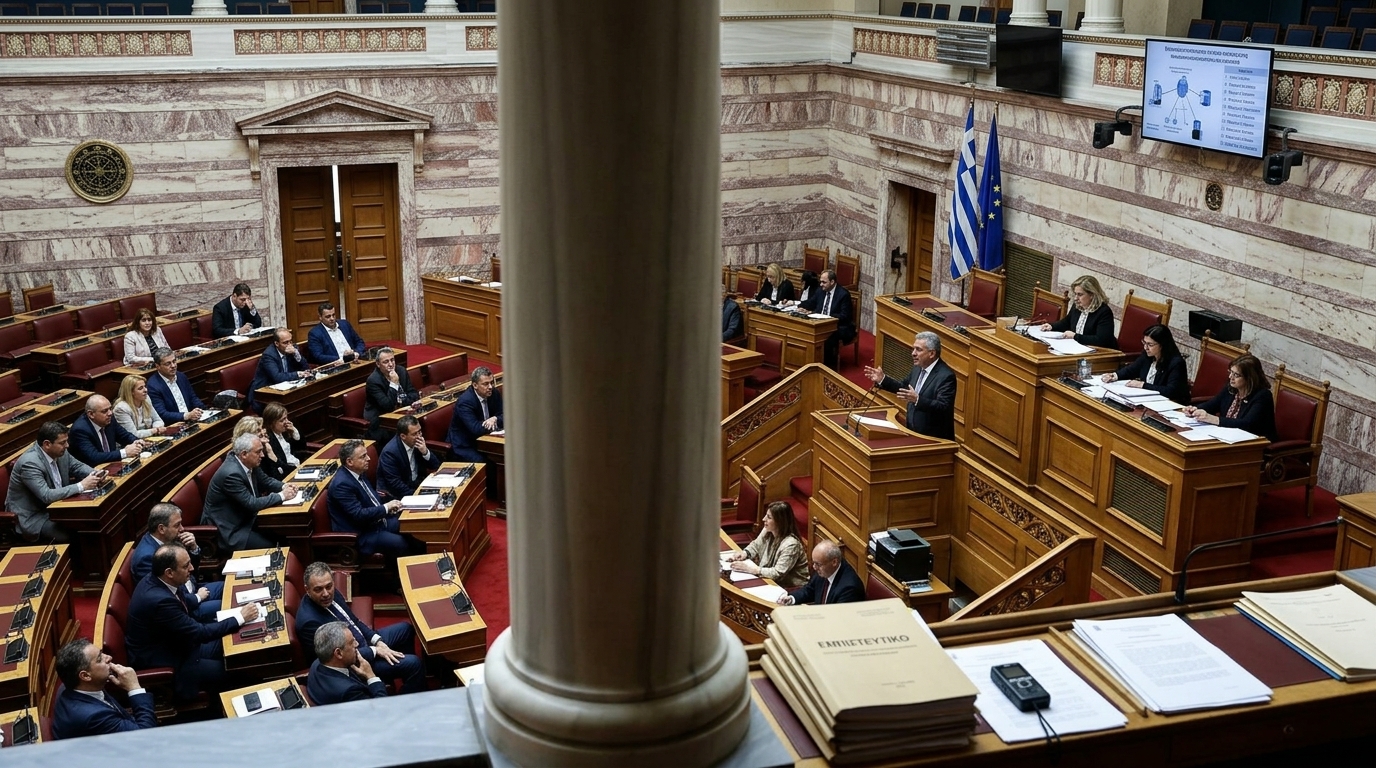 Interior of the Greek Parliament during a wiretapping inquiry session.