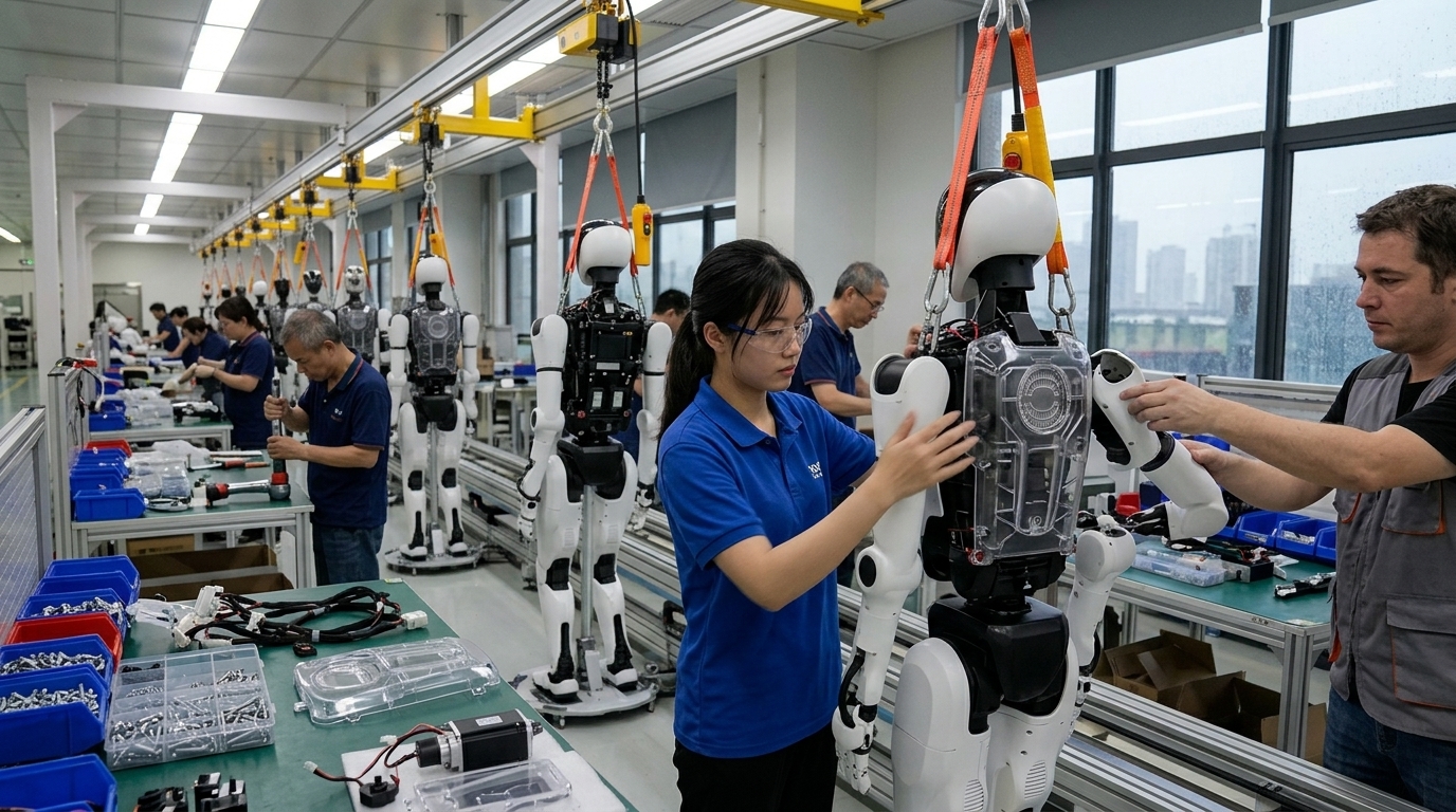 A row of Chinese humanoid robots displayed at a tech exhibition.