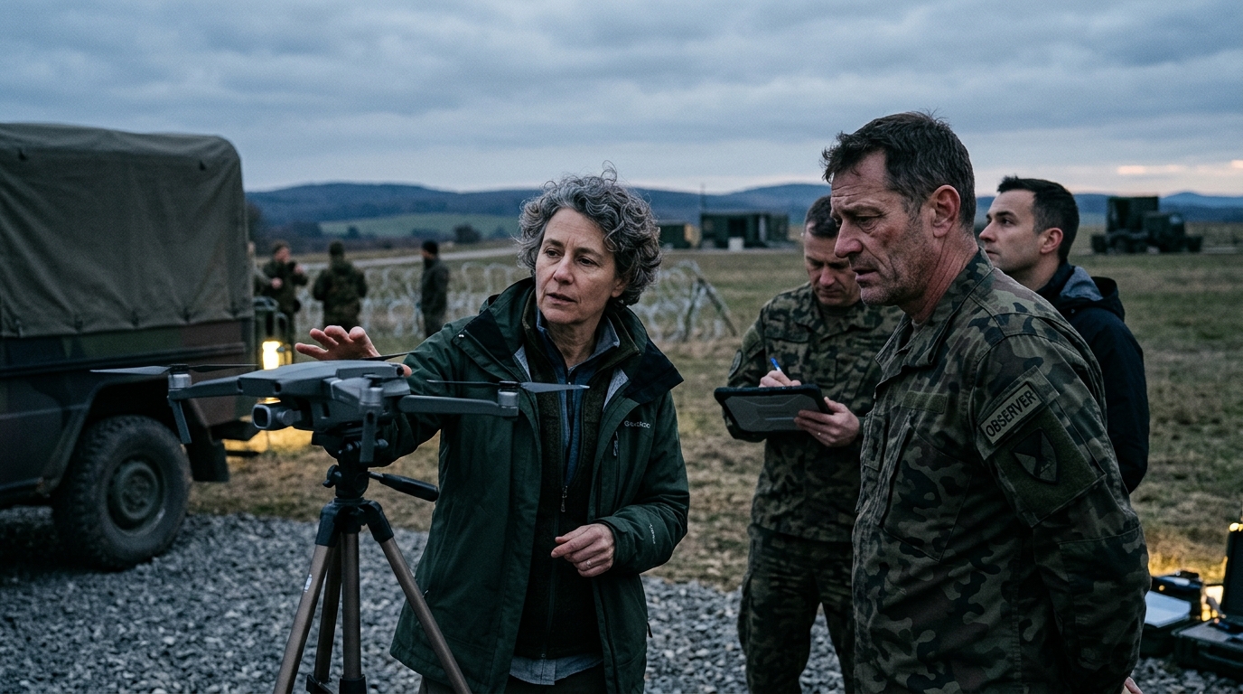 Στρατιωτικό αυτόνομο AI drone σε πτήση, αναπαριστώντας την τεχνολογία αυτόνομων όπλων.