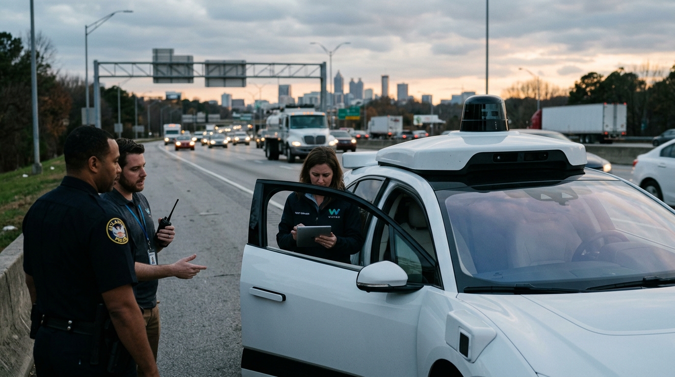 A Waymo autonomous vehicle driving on a highway, illustrating Waymo safety protocols.