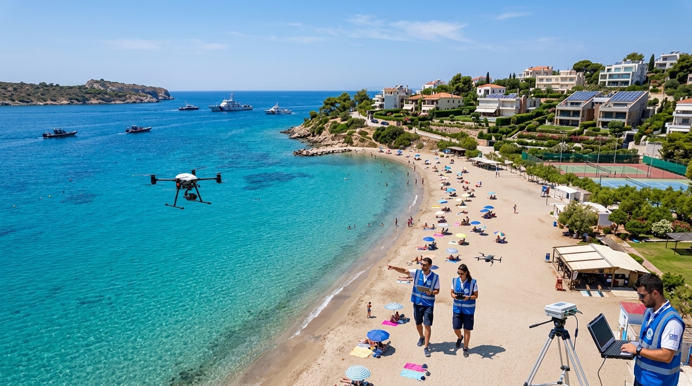 Drone πετά πάνω από ελληνική παραλία για την ψηφιακή εποπτεία του αιγιαλού.