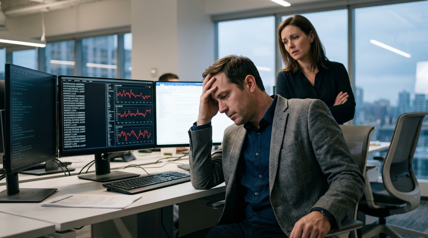 A professional experiencing AI fatigue while monitoring complex digital algorithms.