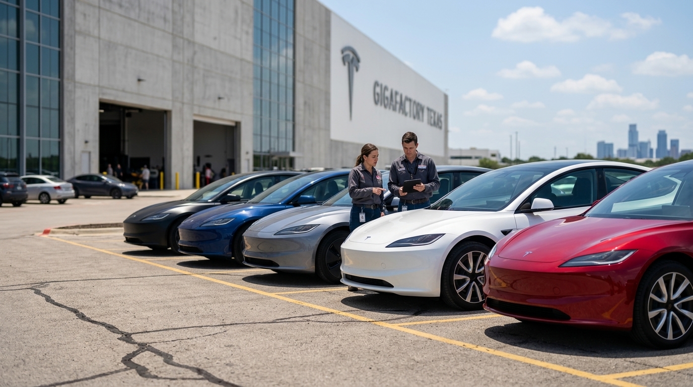 Tesla logo displayed alongside advanced robotics and AI systems.