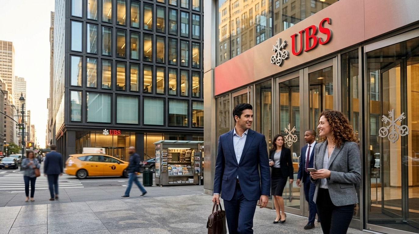 The UBS bank logo on a building in Zurich, representing the surge in UBS profits.