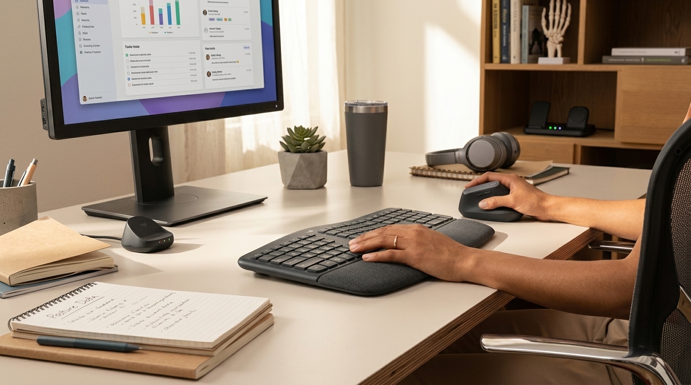 Logitech ergonomic keyboard with integrated palm rest for a healthy digital workspace.