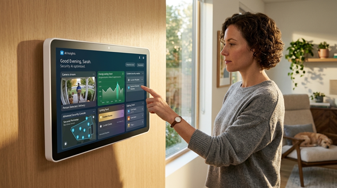 The new Amazon Echo Hub displaying a customizable smart home interface and AI security features.
