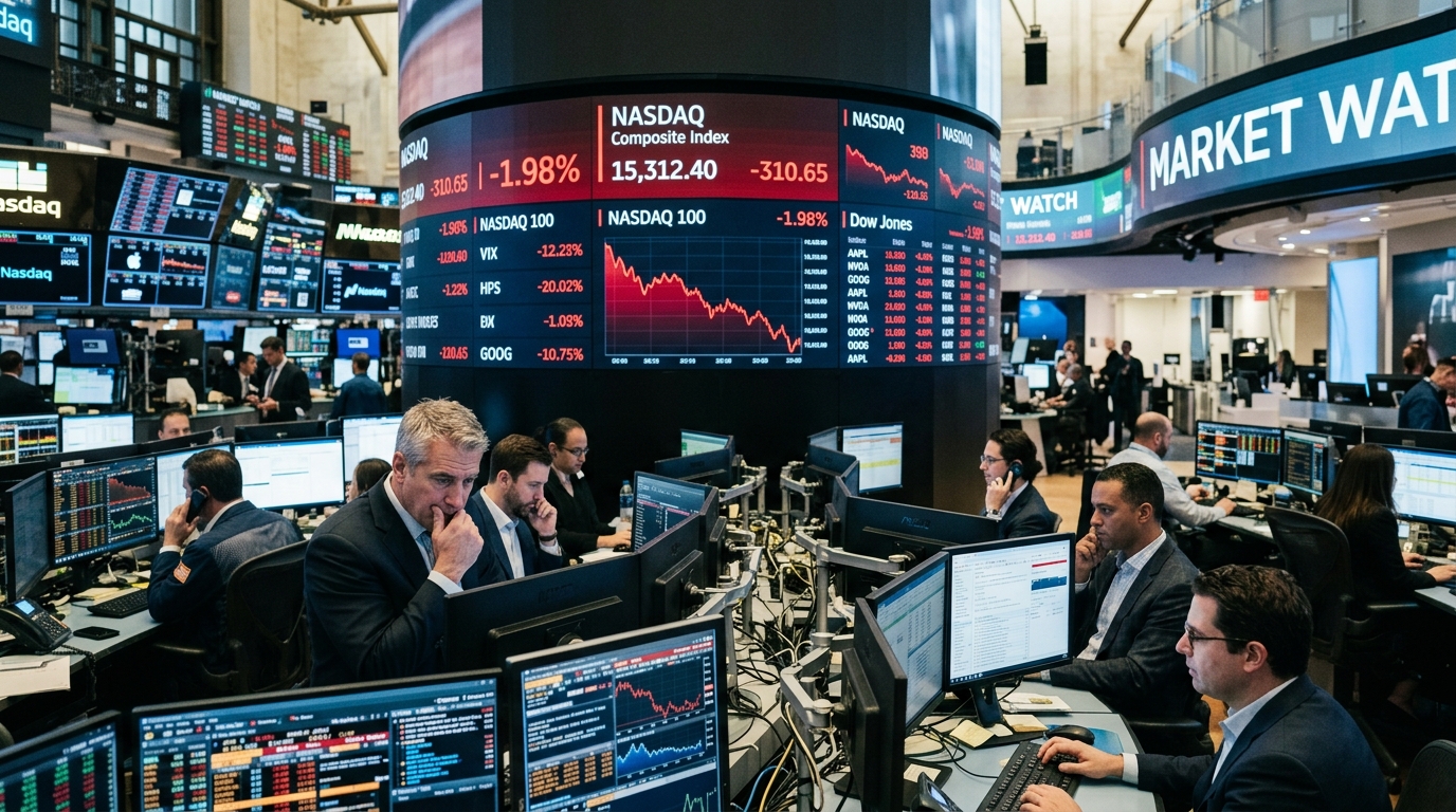 Stock market chart showing Nasdaq index decline and labor data.