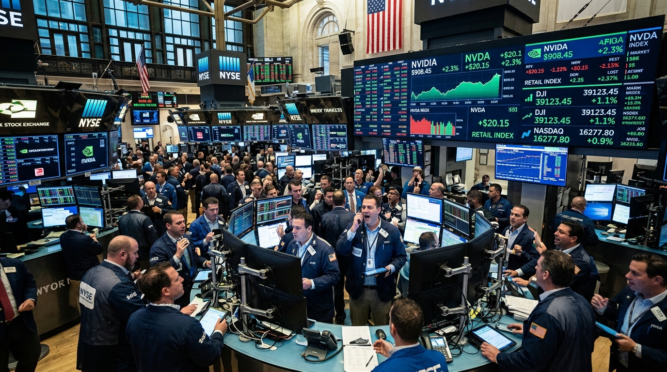 Nvidia logo on a stock market display at Wall Street.