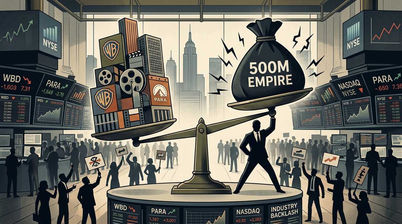 Warner Bros. Discovery and Paramount logos representing the Hollywood merger.