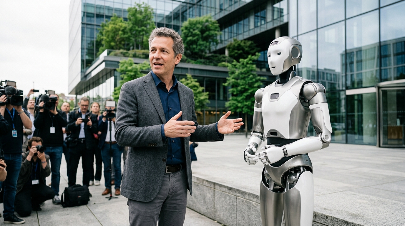 Meta humanoid robot prototype and Assured Robot Intelligence logo.