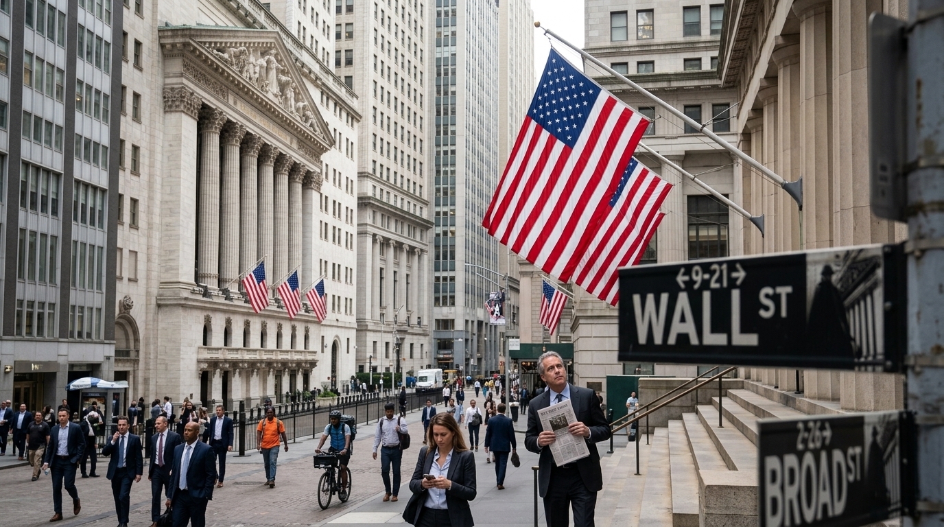 Χρηματιστηριακό ταμπλό της Wall Street και το λογότυπο της Fed για τα επιτόκια.