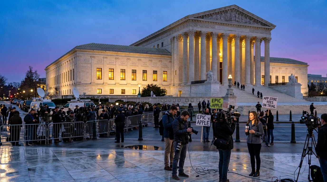 Τα λογότυπα Apple και Epic Games έξω από το Ανώτατο Δικαστήριο των ΗΠΑ.