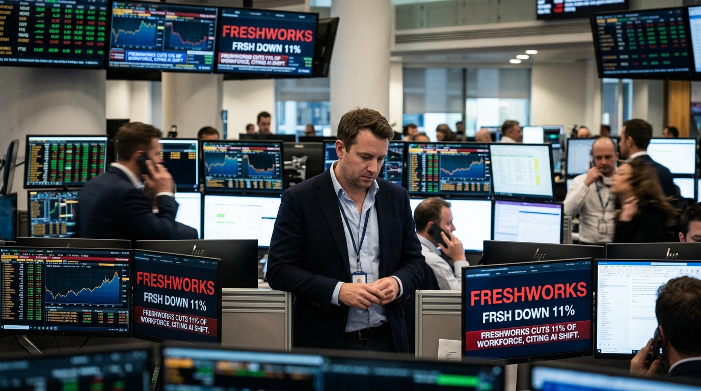 Το λογότυπο της Freshworks με ψηφιακά στοιχεία που συμβολίζουν την Τεχνητή Νοημοσύνη και τις αλλαγές στο SaaS.