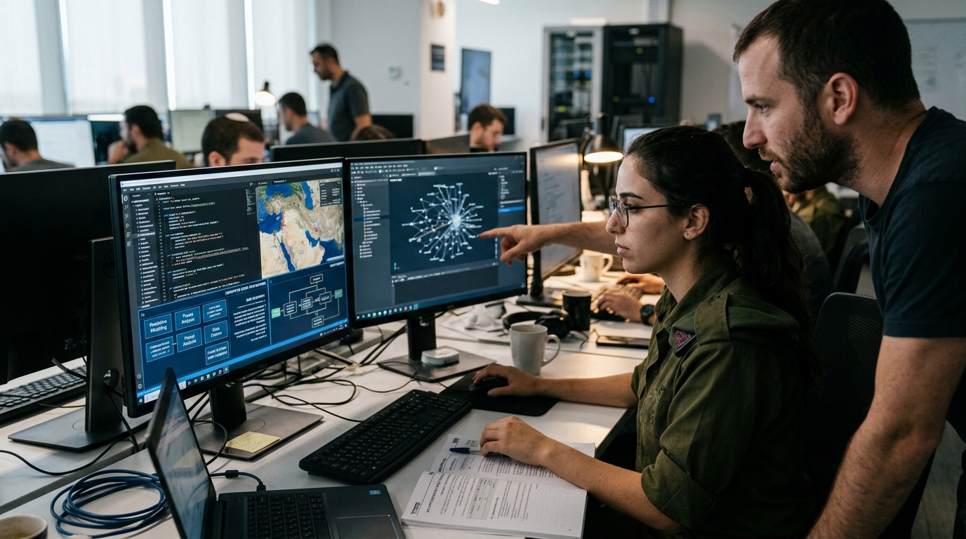 Digital representation of algorithmic warfare and AI in a military context.