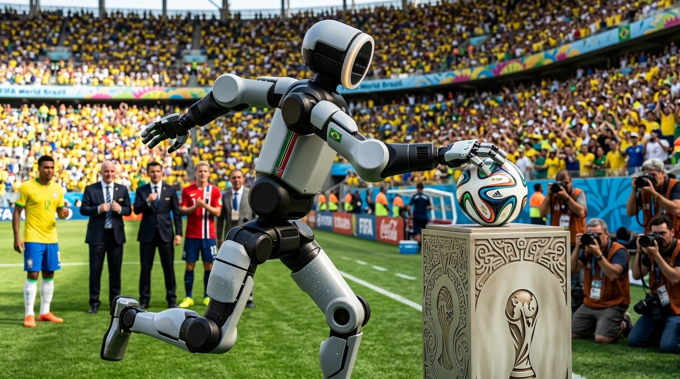 Boston Dynamics electric Atlas robot on the World Cup pitch delivering the match ball.