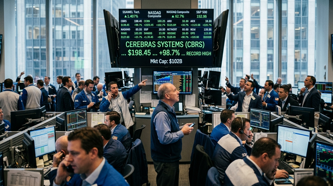 Cerebras Systems logo and stock market charts on the Nasdaq exchange display.
