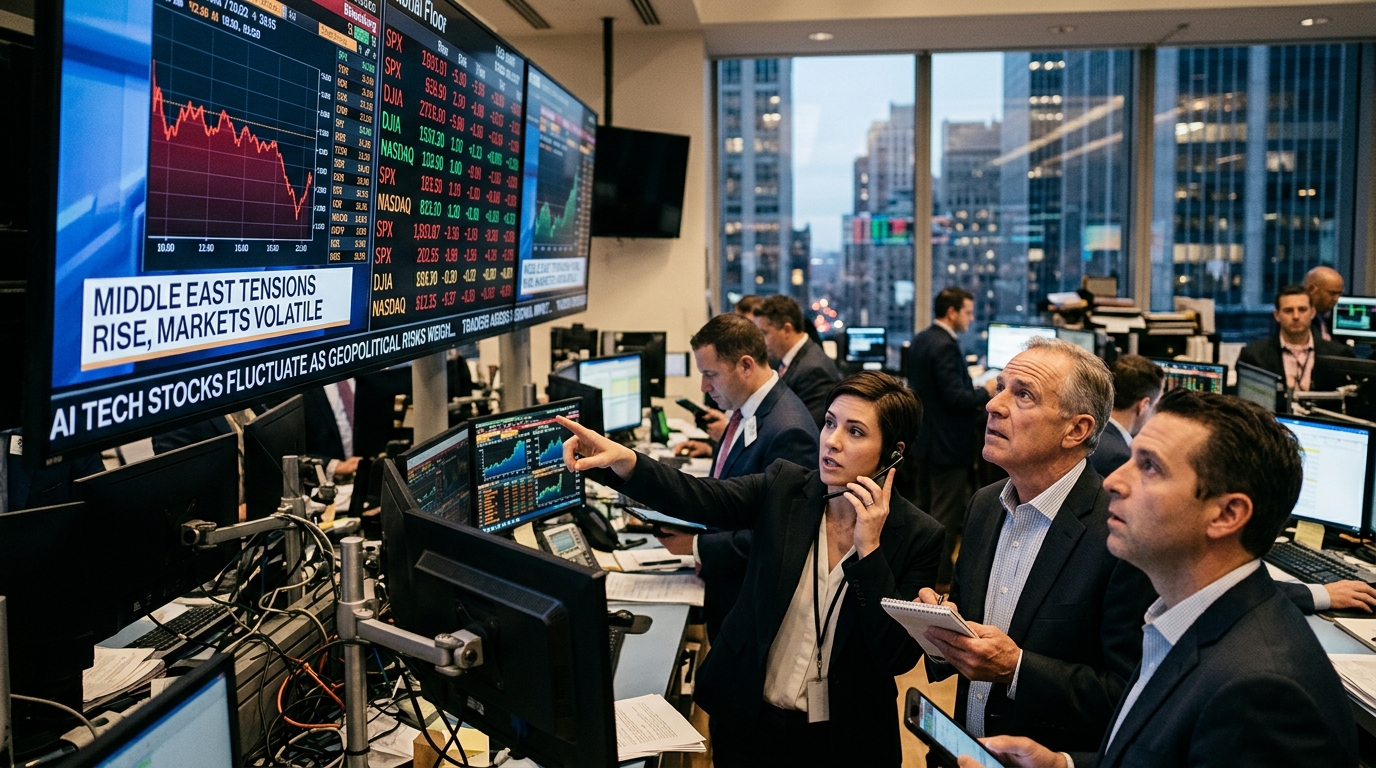 Γράφημα χρηματιστηρίου Wall Street με σύμβολα Τεχνητής Νοημοσύνης και χάρτη της Μέσης Ανατολής.