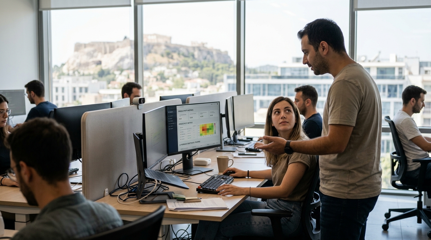 Digital illustration of AI surveillance monitoring employees in a modern office setting.