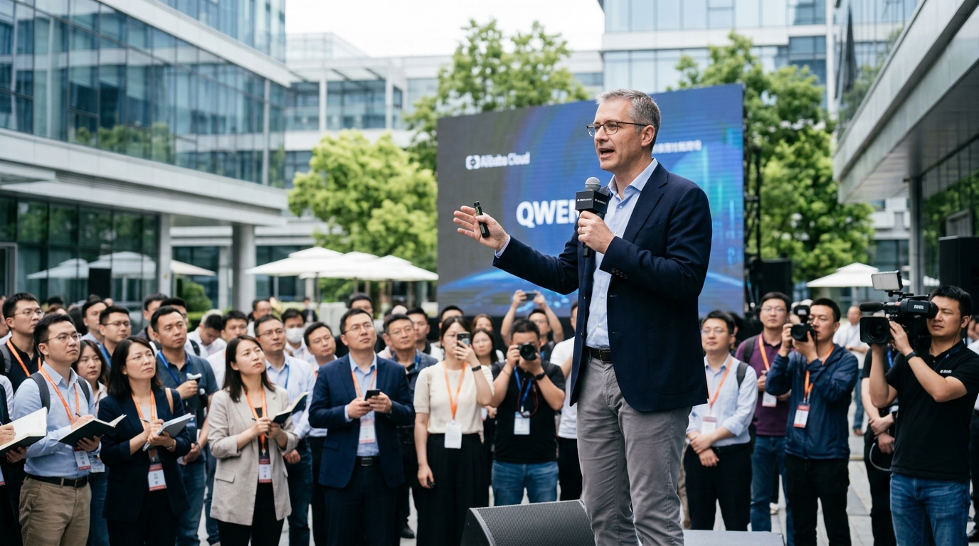 Alibaba Cloud logo and Qwen model interface for enterprise AI agents.