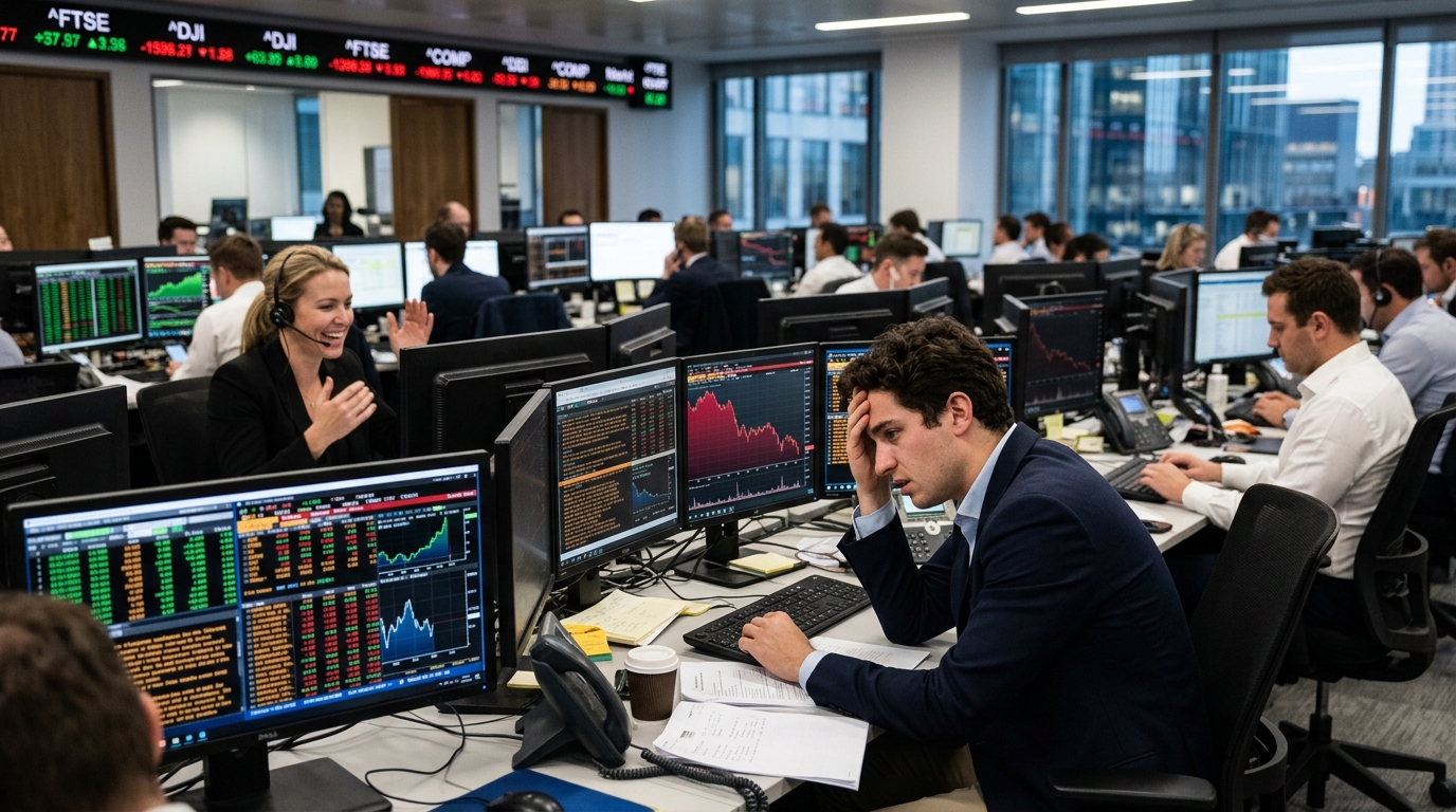 Stock market charts and HBM memory chips for artificial intelligence.