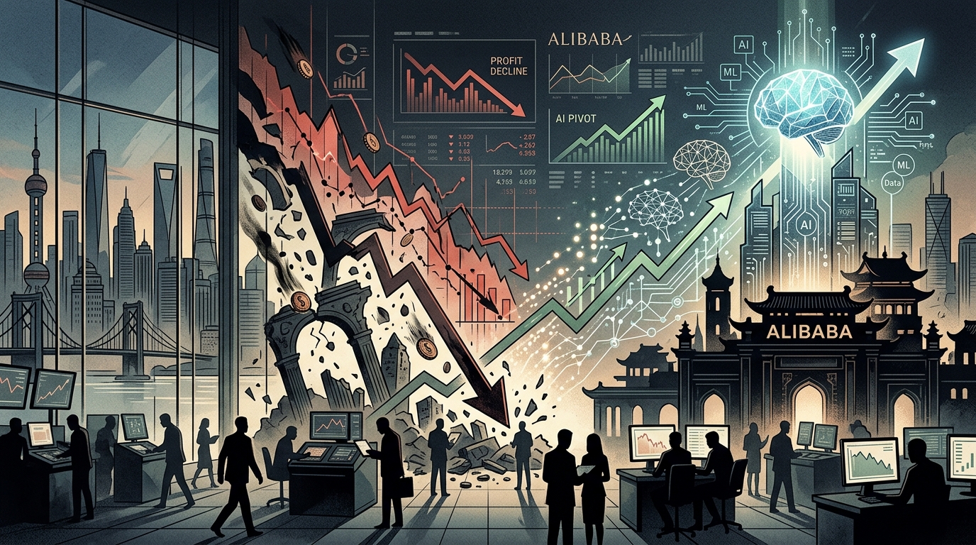 Alibaba logo with Artificial Intelligence data visualization.